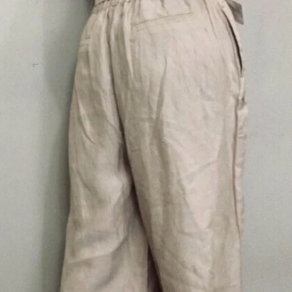 HALSTON Wide Leg Linen Blend Pants Beige Metallic Thread Elastic Waist Women's M - Picture 2 of 10